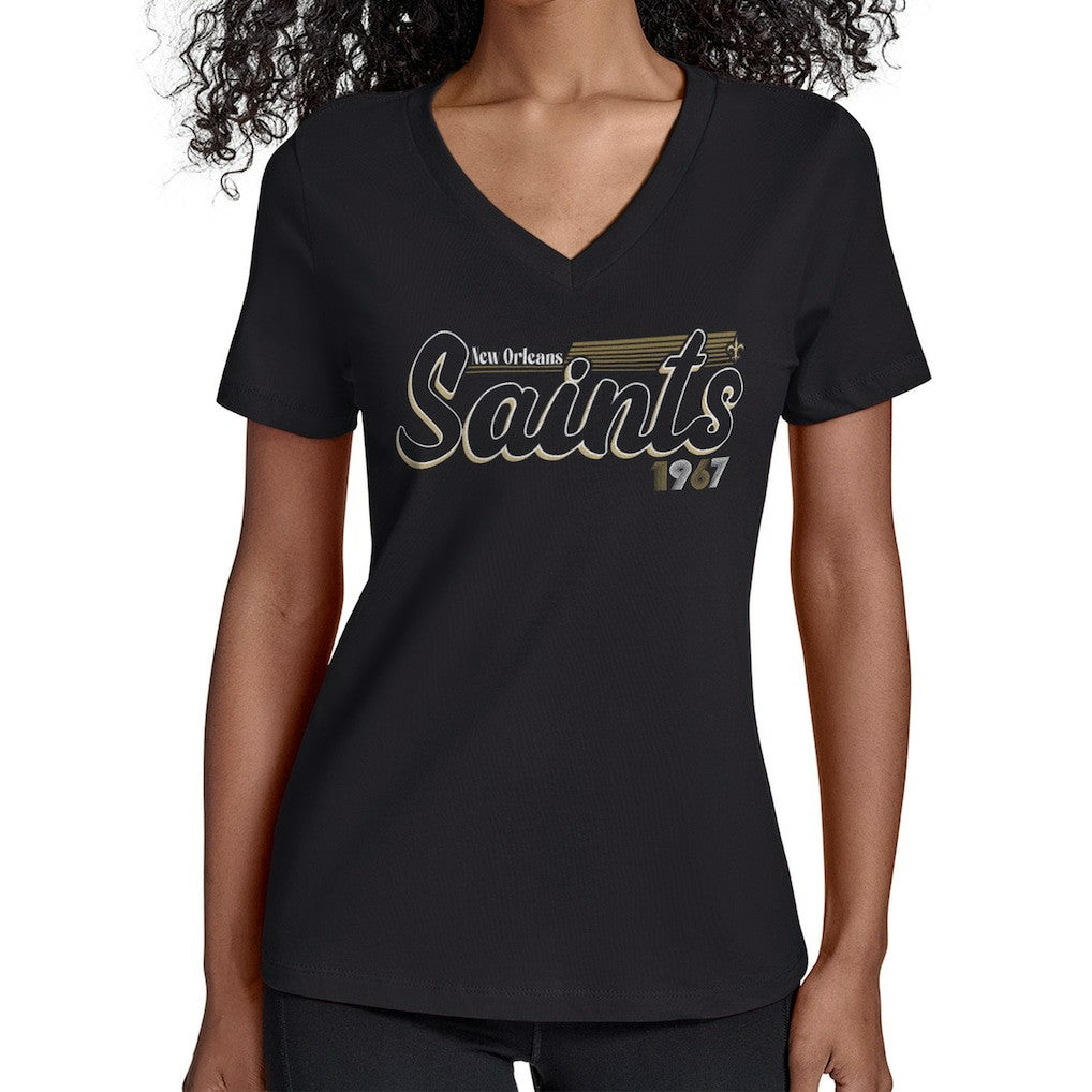 New Orleans Saints Starter Women's Groovy Script V-Neck T-Shirt - Black - NFL