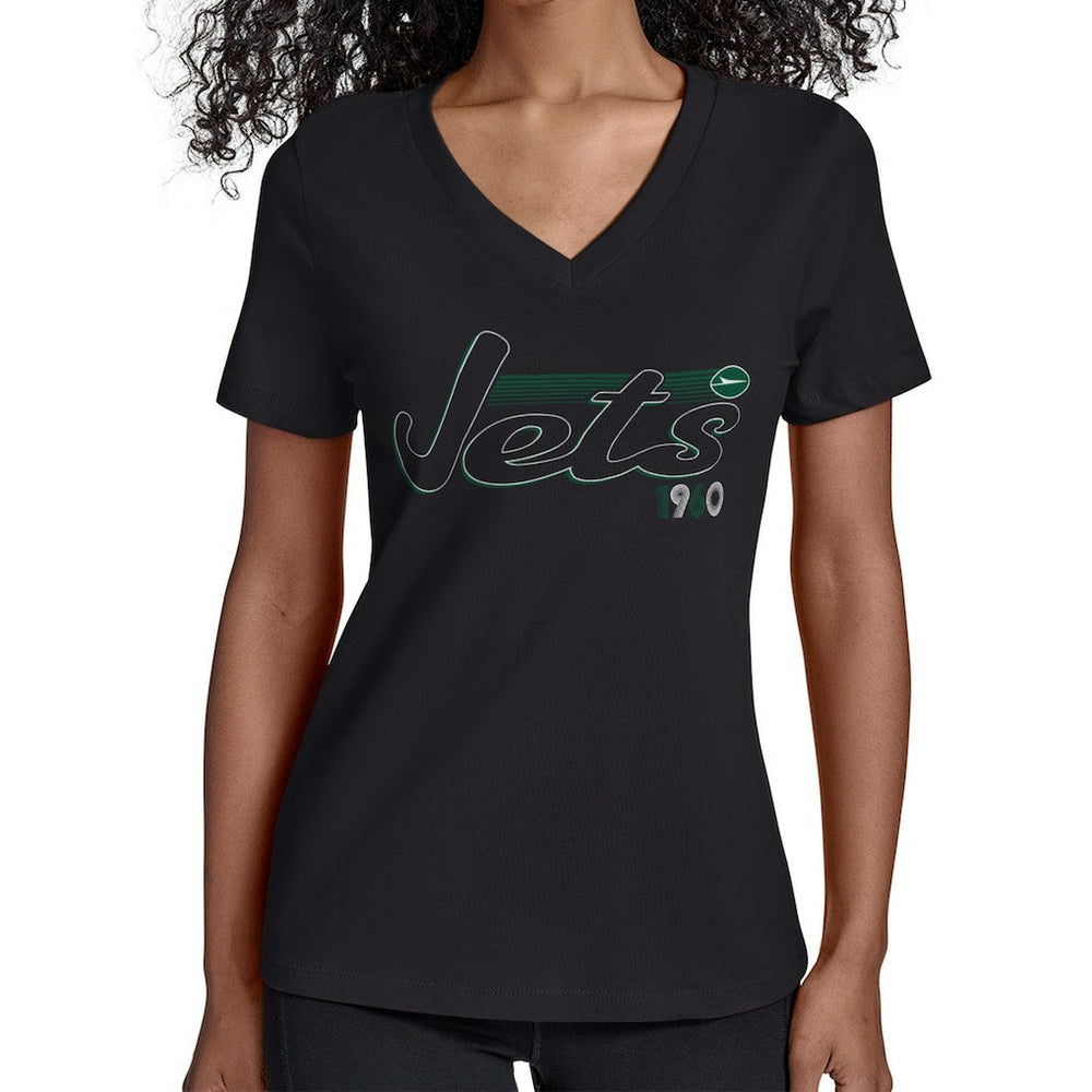 New York Jets Starter Women's Groovy Script V-Neck T-Shirt - Black - NFL