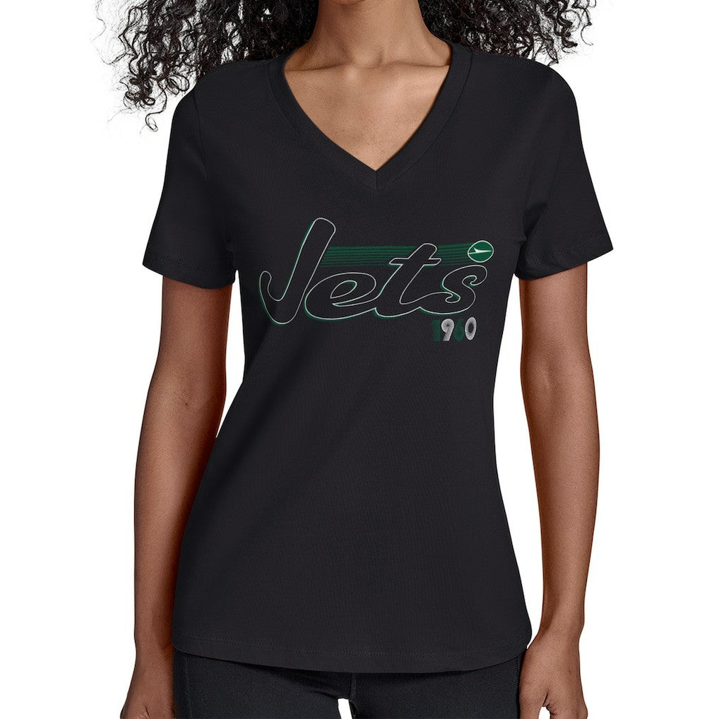 New York Jets Starter Women's Groovy Script V-Neck T-Shirt - Black - NFL