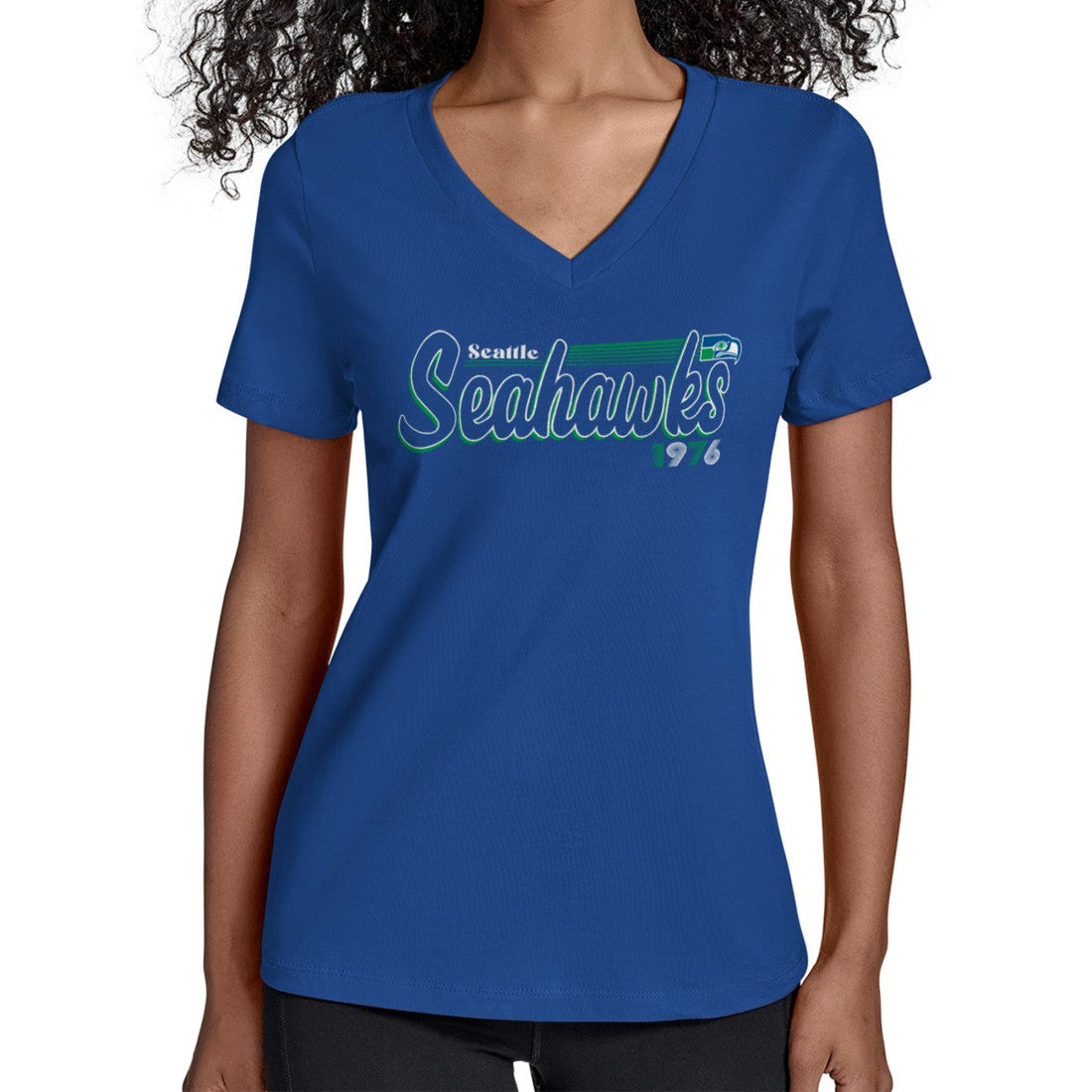 Seattle Seahawks Starter Women's Throwback Groovy Script V-Neck T-Shirt - Royal - NFL