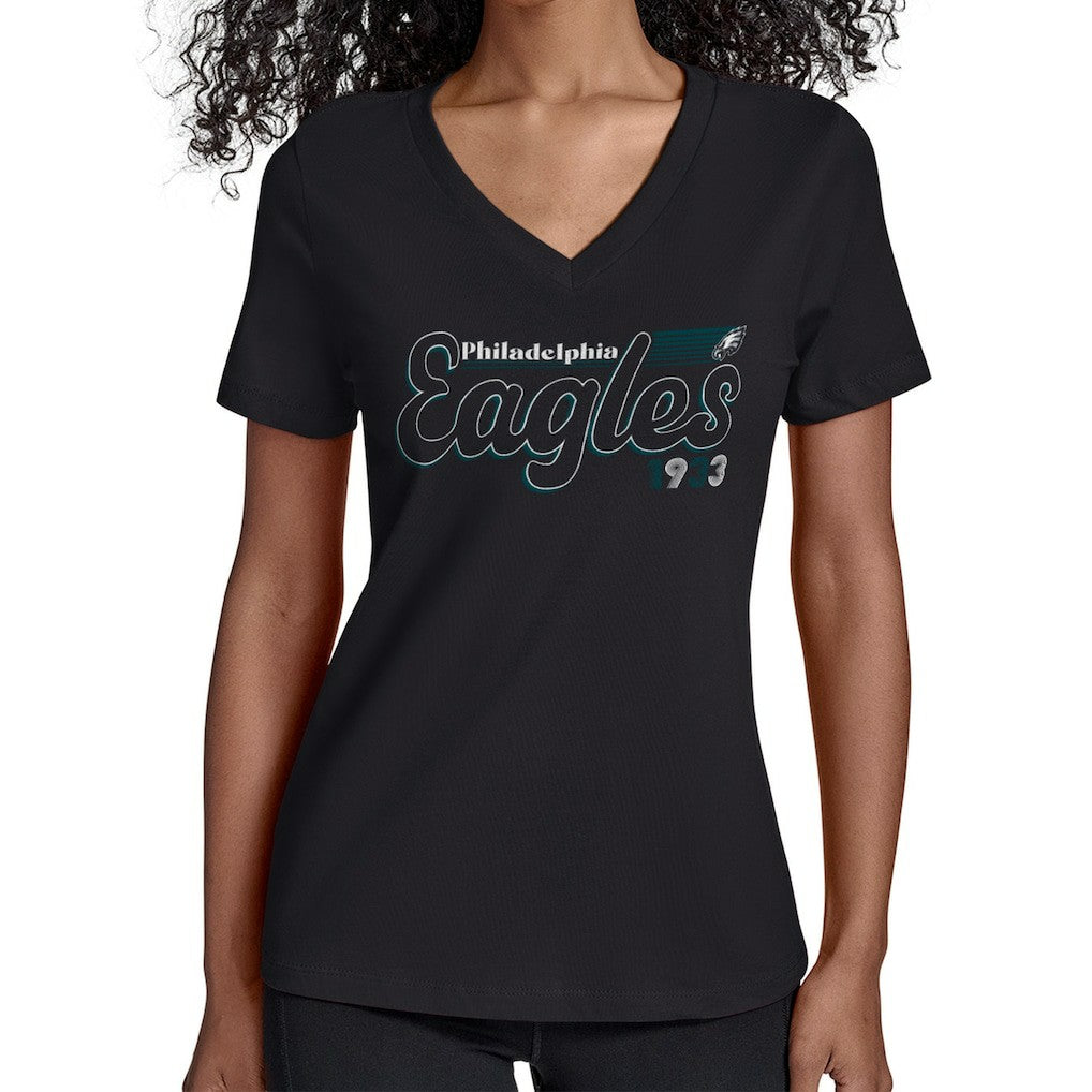 Philadelphia Eagles Starter Women's Groovy Script V-Neck T-Shirt - Black - NFL