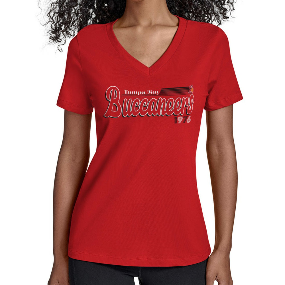 Tampa Bay Buccaneers Starter Women's Throwback Groovy Script V-Neck T-Shirt - Red - NFL