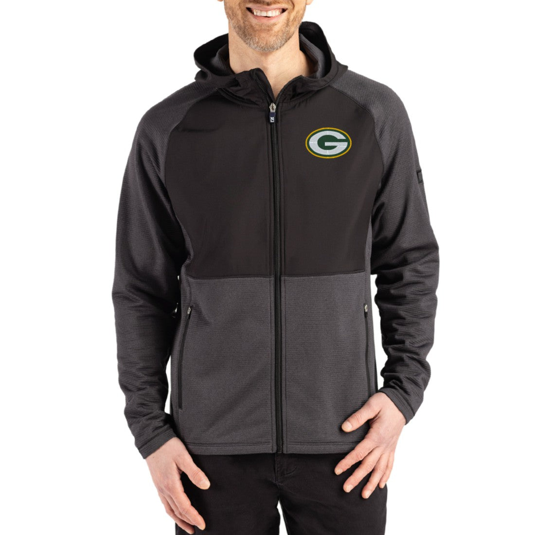 Green Bay Packers Cutter & Buck Peshastin Eco Fleece Recycled Raglan Full-Zip Tri-Blend Hybrid Jacket - Heather Black - NFL
