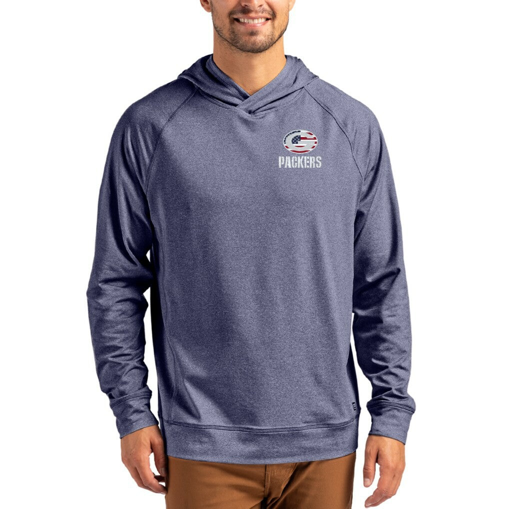 Green Bay Packers Cutter & Buck Adapt Americana Knit Recycled Raglan Pullover Hoodie - Heather Navy - NFL