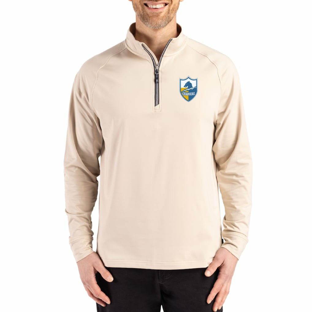 Los Angeles Chargers Cutter & Buck Throwback Logo Adapt Eco Knit Stretch Recycled Quarter-Zip Pullover - Tan - NFL