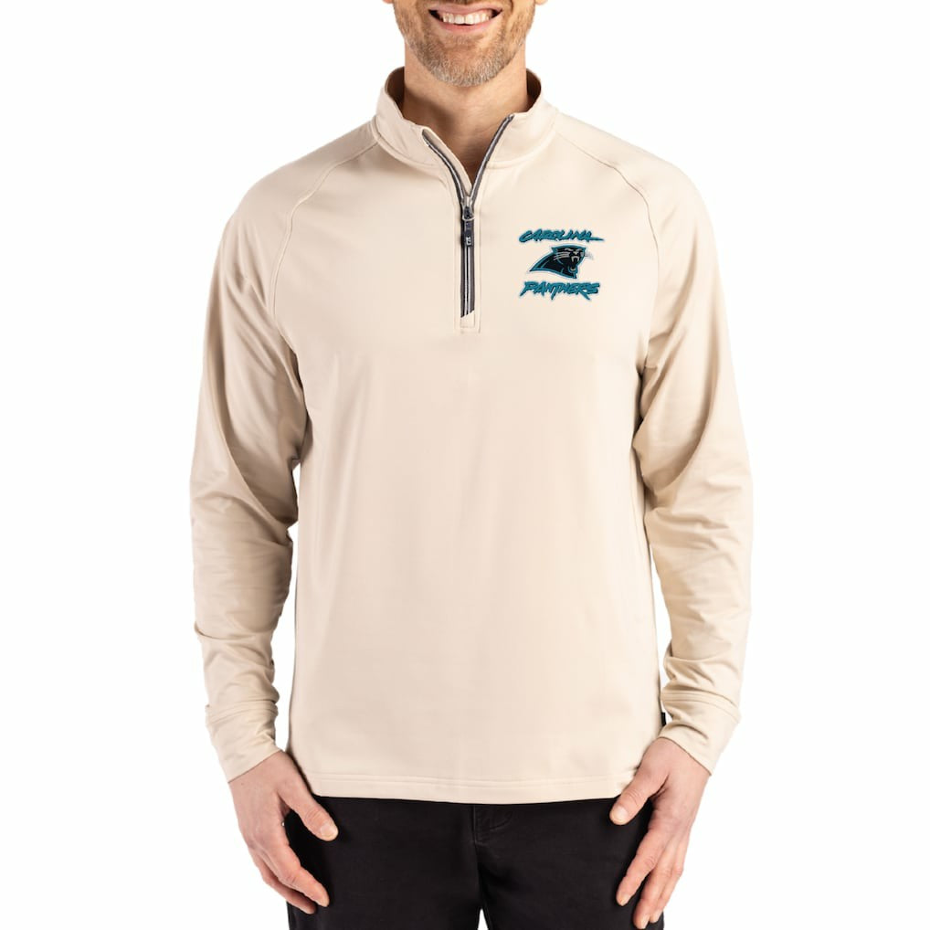 Carolina Panthers Cutter & Buck Throwback Logo Adapt Eco Knit Stretch Recycled Quarter-Zip Pullover - Tan - NFL