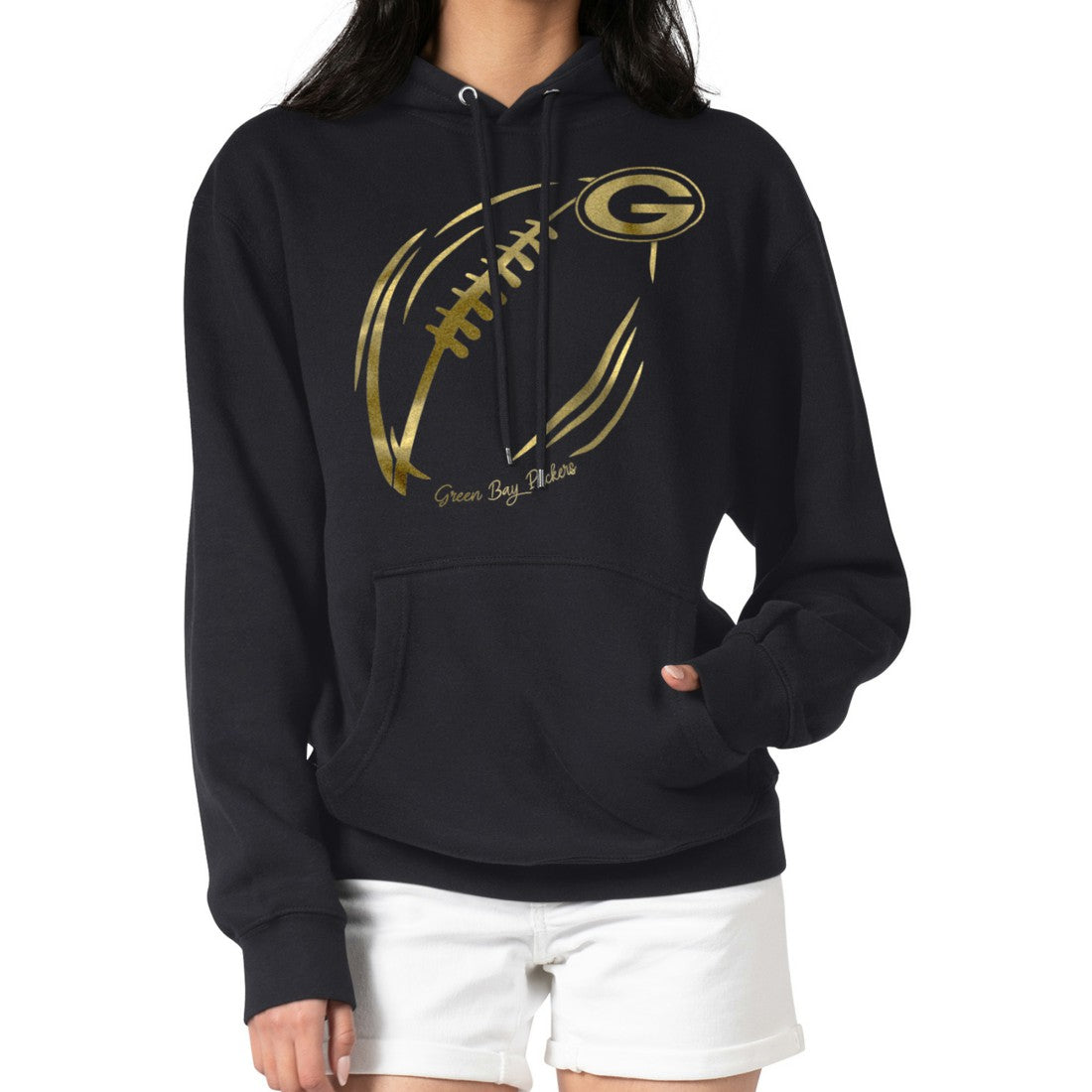 Green Bay Packers G-III 4Her by Carl Banks Women's Metallic Print Football Sketch Fleece Pullover Hoodie - Black - NFL