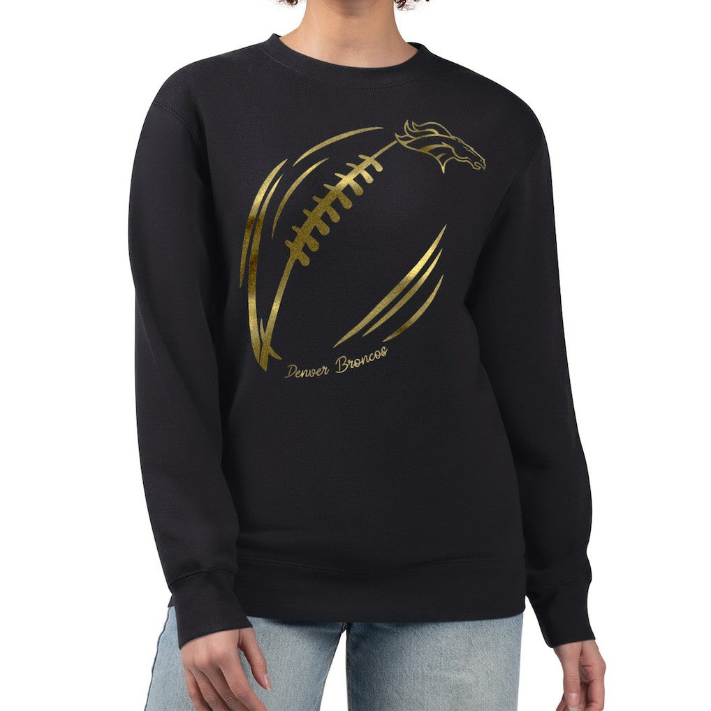 Denver Broncos G-III 4Her by Carl Banks Women's Metallic Print Football Sketch Fleece Crewneck Sweatshirt - Black - NFL