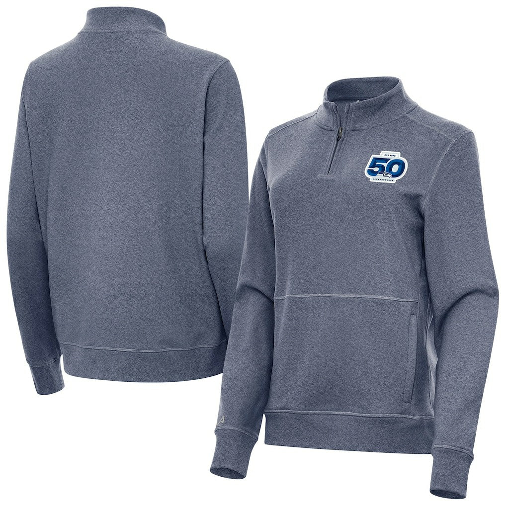 Seattle Seahawks Antigua Women's 50th Season Crush Quarter-Zip Pullover - Heather Navy - NFL