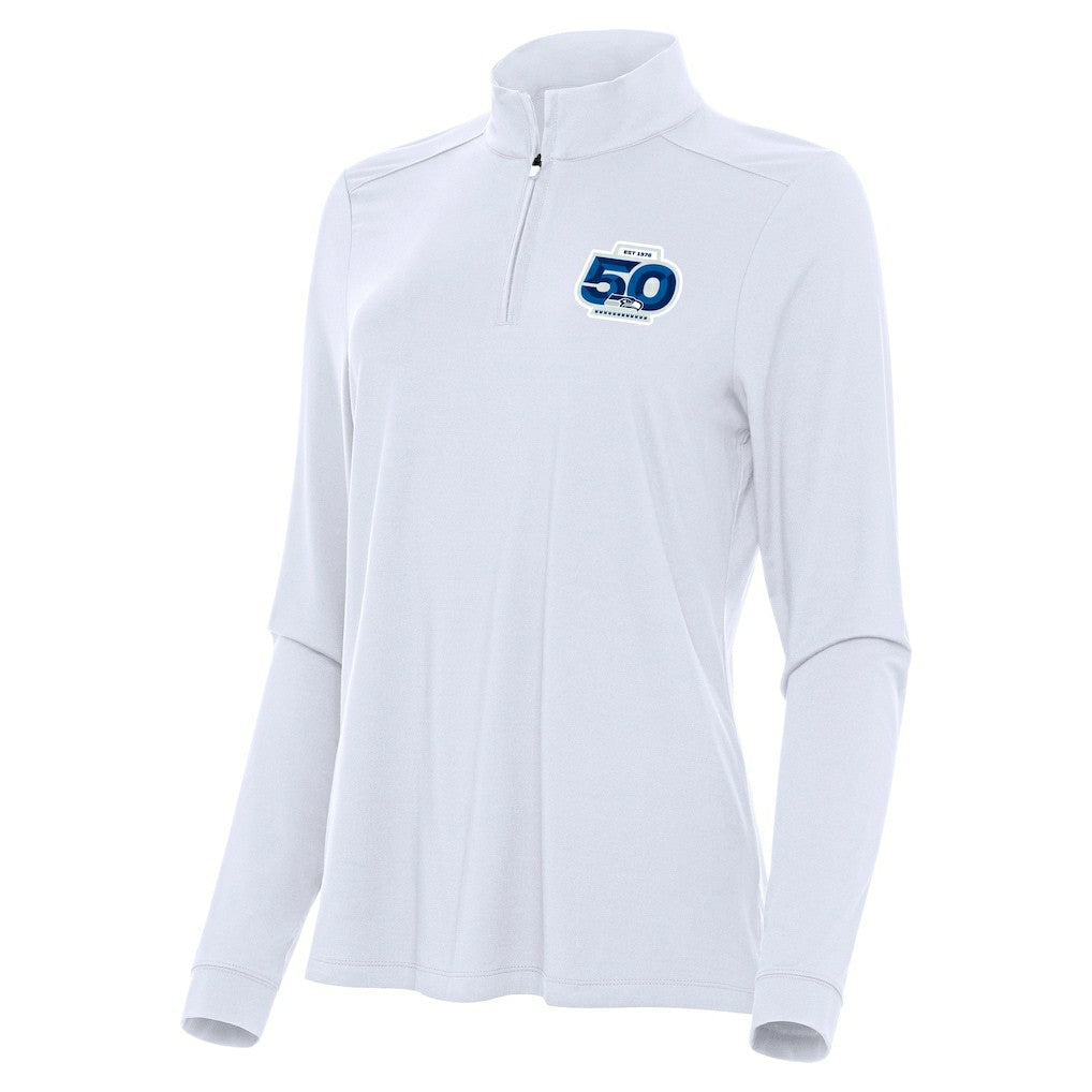 Seattle Seahawks Antigua Women's 50th Season Intent Quarter-Zip Pullover - White - NFL