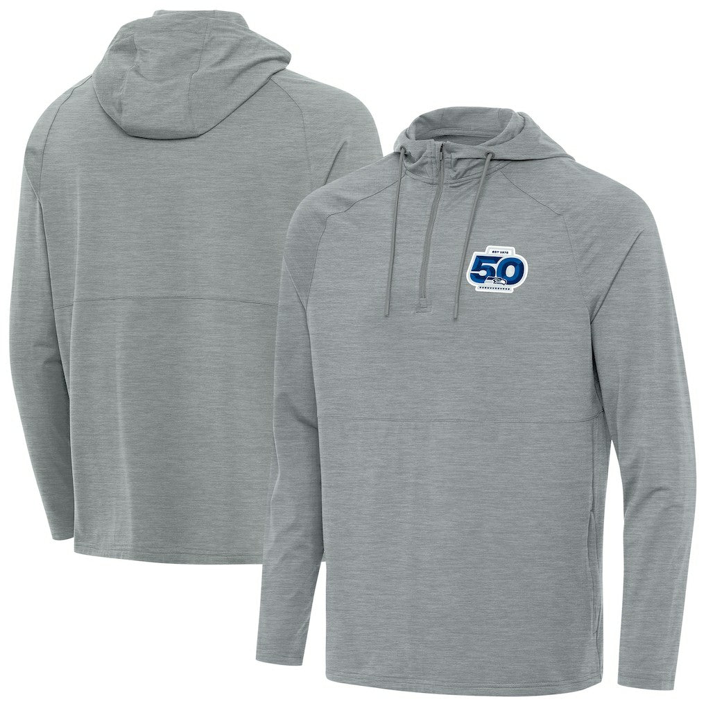 Seattle Seahawks Antigua 50th Season Spikes Raglan Quarter-Zip Hoodie - Heather Gray - NFL