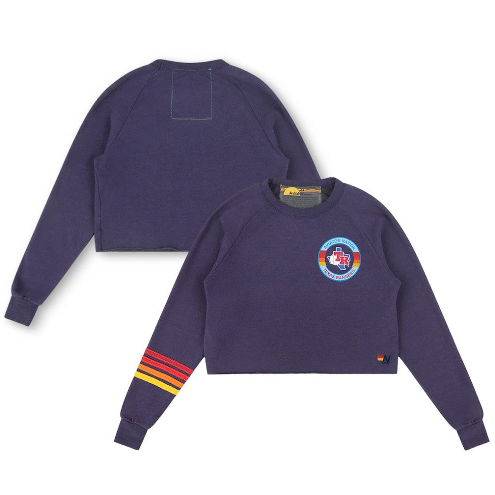 Texas Rangers Aviator Nation x MLB Women's Rugby Stitch Cropped Tri-Blend Pullover Sweatshirt Discount