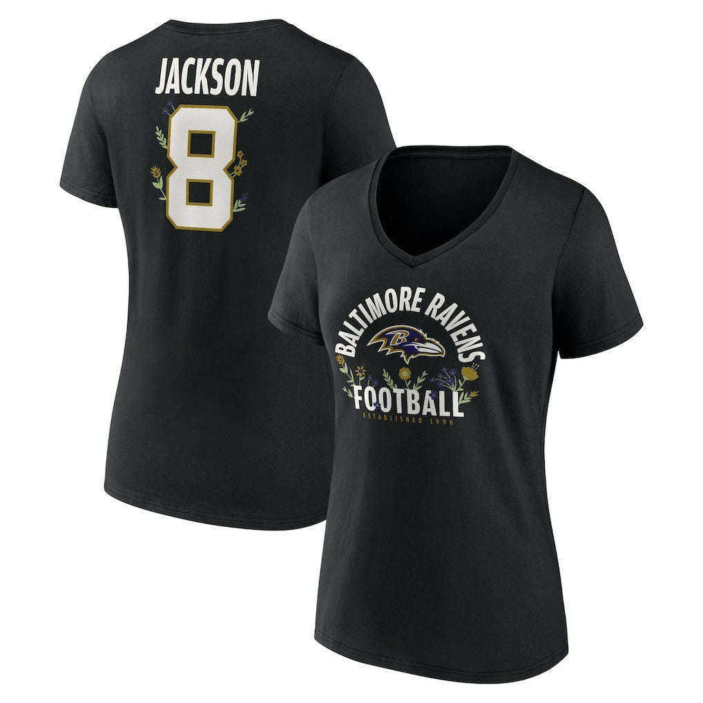 Lamar Jackson Baltimore Ravens Women's Floral Name & Number V-Neck T-Shirt - Black - NFL
