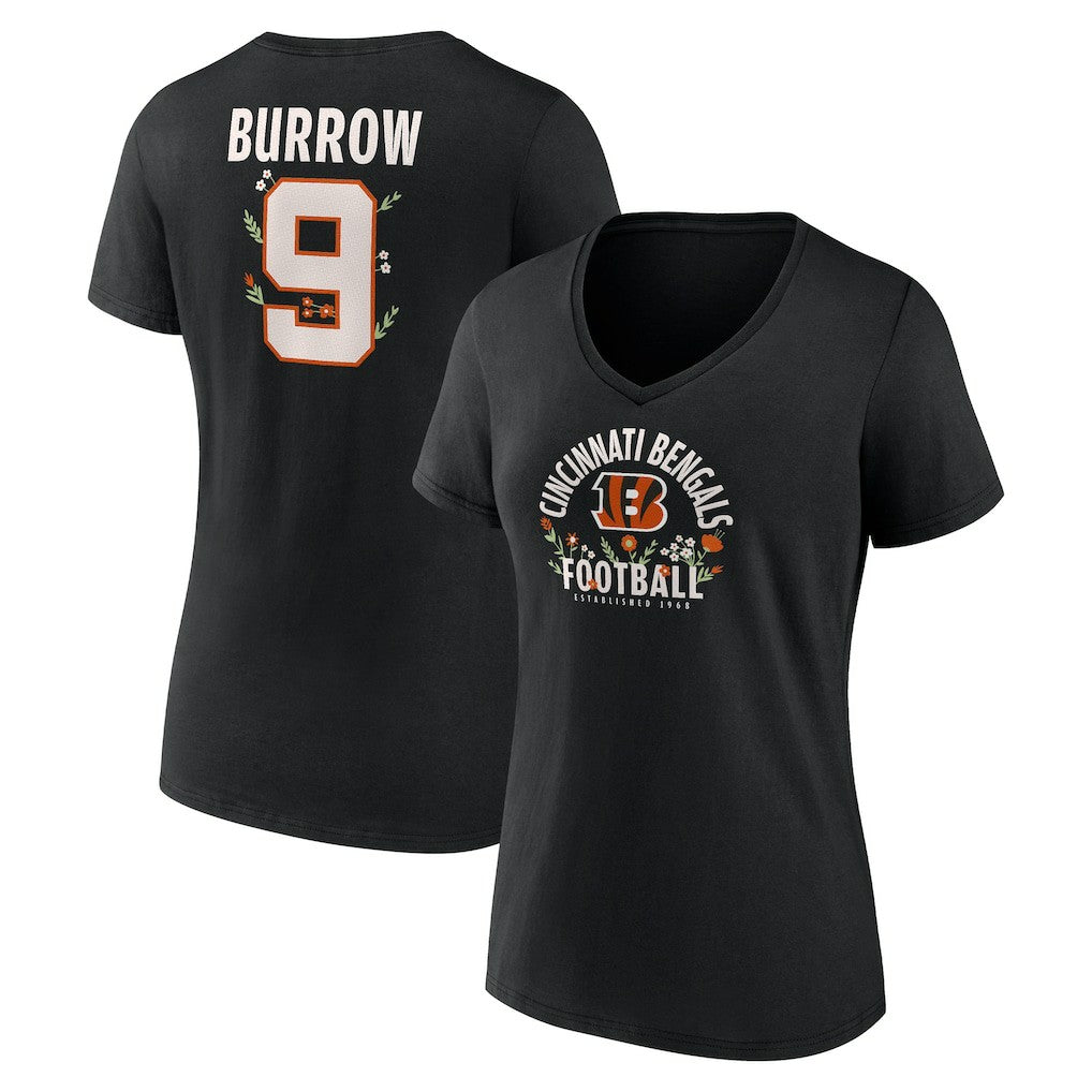 Joe Burrow Cincinnati Bengals Women's Floral Name & Number V-Neck T-Shirt - Black - NFL
