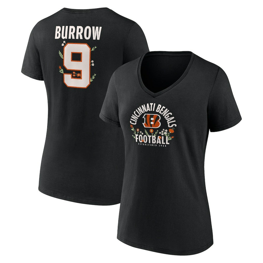 Joe Burrow Cincinnati Bengals Women's Floral Name & Number V-Neck T-Shirt - Black - NFL