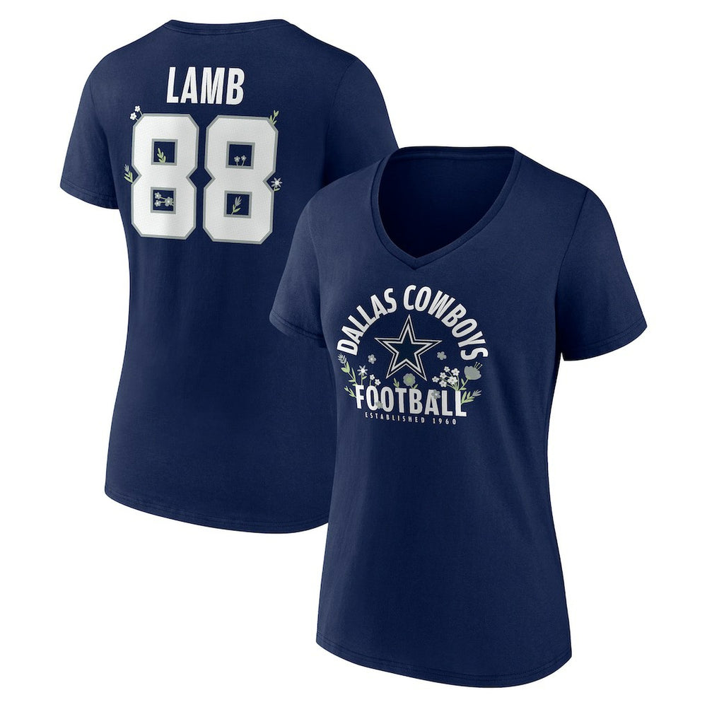 CeeDee Lamb Dallas Cowboys Women's Floral Name & Number V-Neck T-Shirt - Navy - NFL