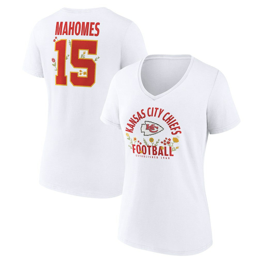Patrick Mahomes Kansas City Chiefs Women's Floral Name & Number V-Neck T-Shirt - White - NFL