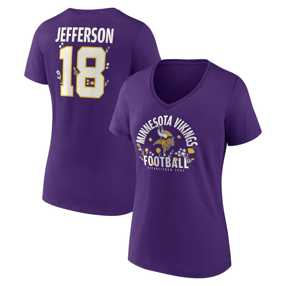 Justin Jefferson Minnesota Vikings Women's Floral Name & Number V-Neck T-Shirt - Purple - NFL