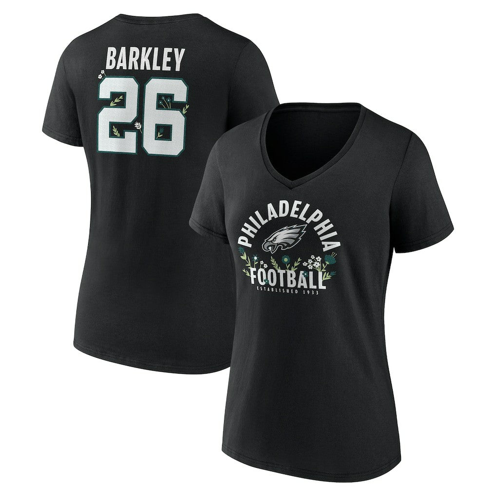 Saquon Barkley Philadelphia Eagles Women's Floral Name & Number V-Neck T-Shirt - Black - NFL