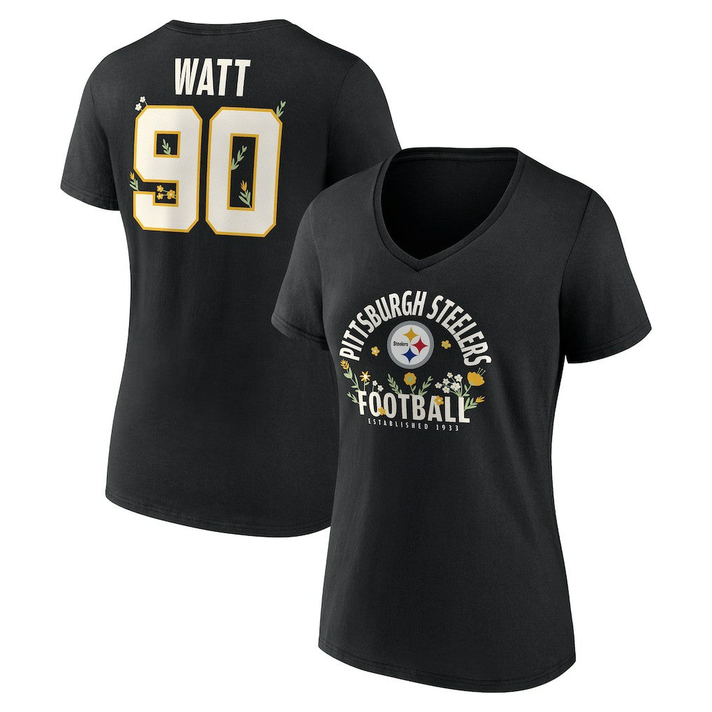 T.J. Watt Pittsburgh Steelers Women's Floral Name & Number V-Neck T-Shirt - Black - NFL
