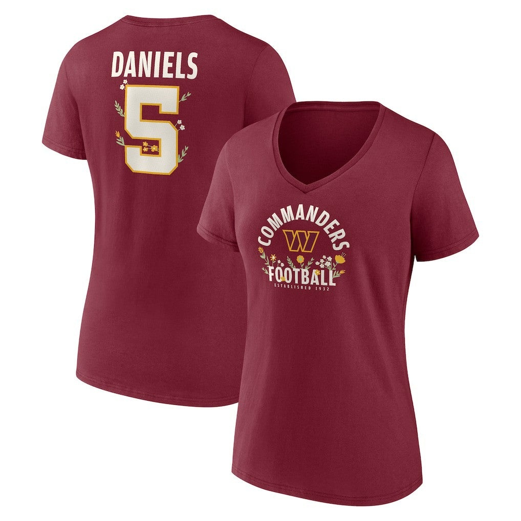 Jayden Daniels Washington Commanders Women's Floral Name & Number V-Neck T-Shirt - Garnet - NFL