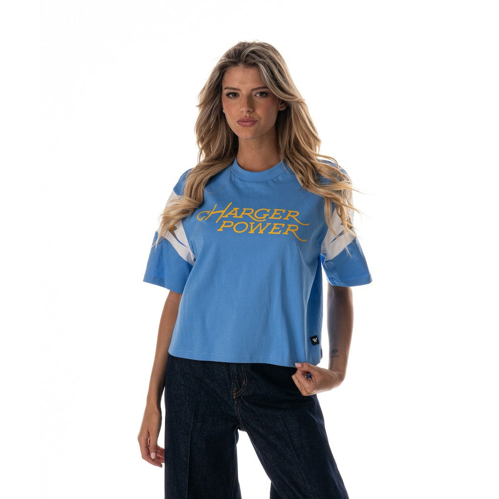 Los Angeles Chargers The Wild Collective Women's Charger Power Contrast Sleeve Insert T-Shirt - Powder Blue - NFL