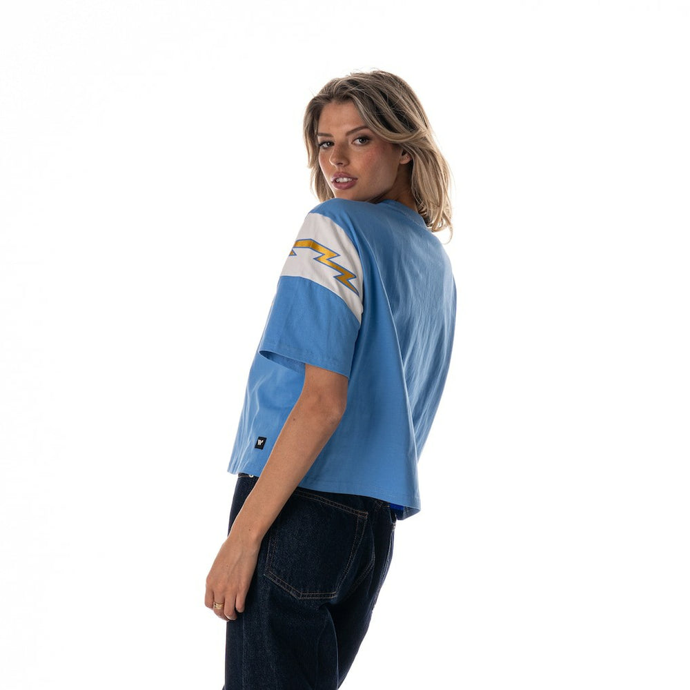 Los Angeles Chargers The Wild Collective Women's Charger Power Contrast Sleeve Insert T-Shirt - Powder Blue - NFL