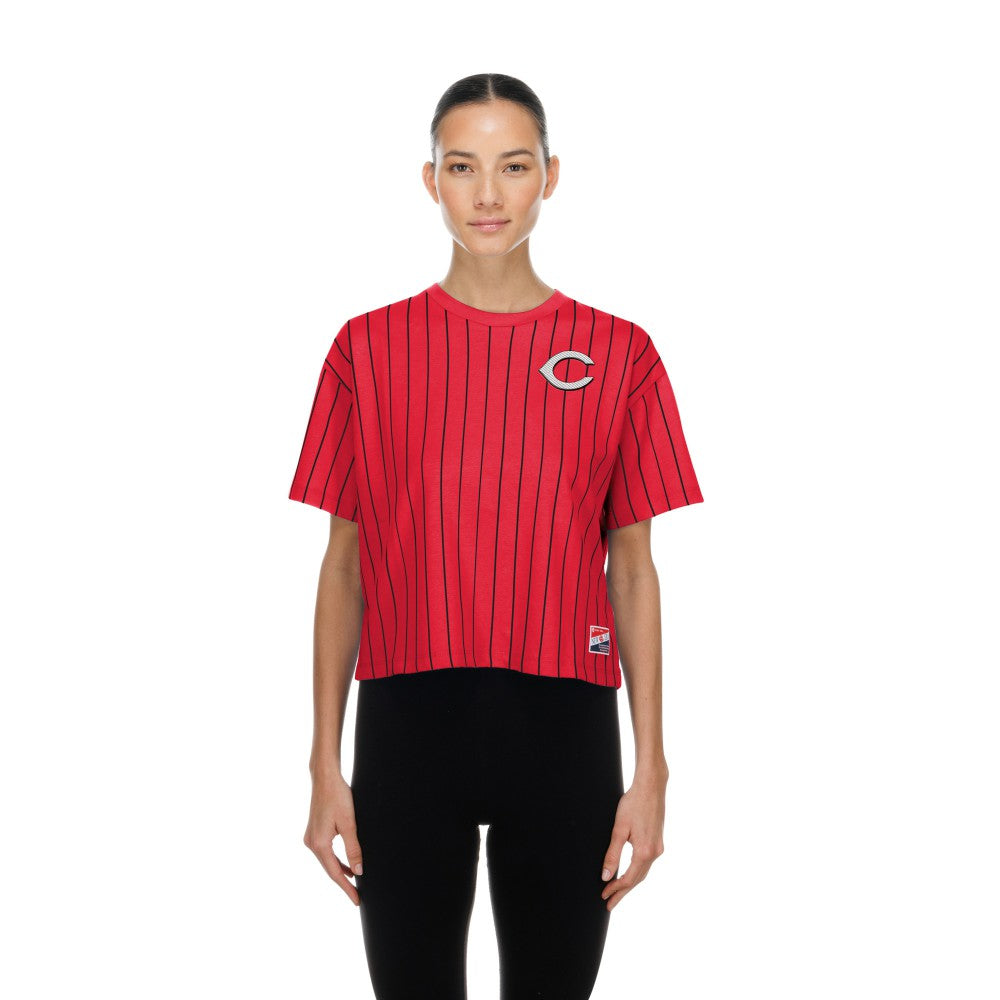 Cincinnati Reds New Era Women's Throwback Meshback Pinstripe Boxy T-Shirt Outlet