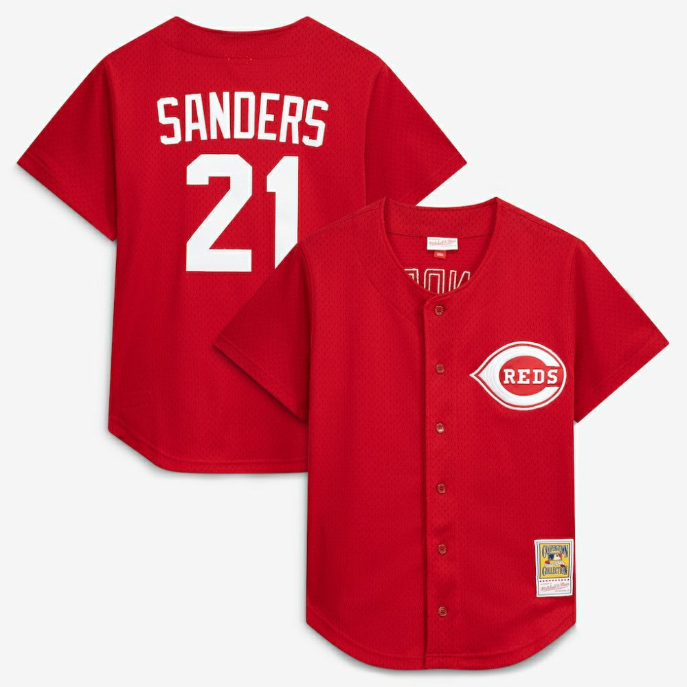 Deion Sanders Cincinnati Reds Mitchell & Ness Cooperstown Mesh Batting Practice Button-Up Jersey Sale