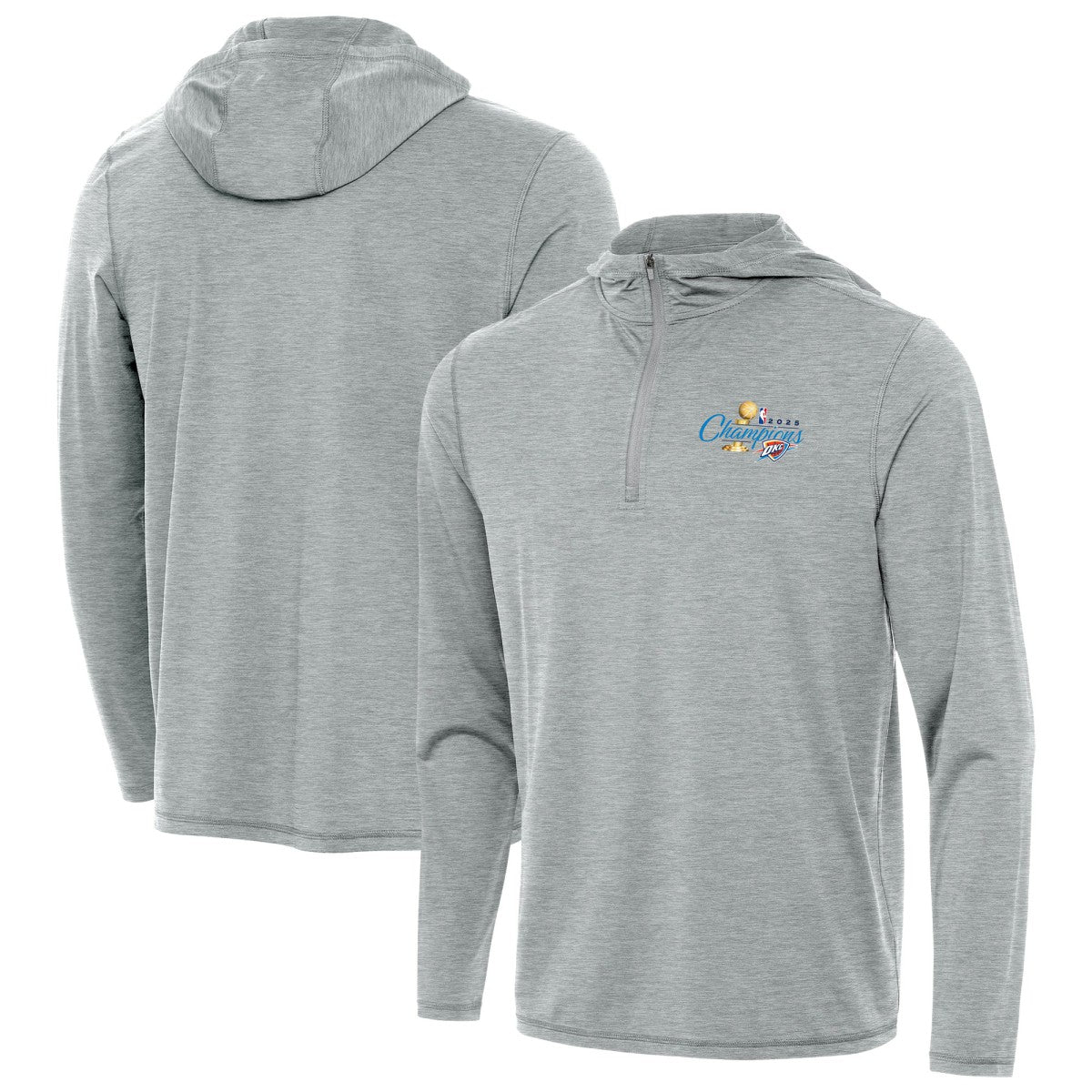 Oklahoma City Thunder Antigua 2025 NBA Finals Champions Tidy Quarter-Zip Hoodie Heather Gray