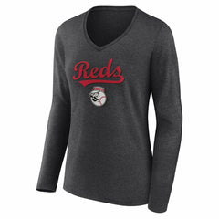 Cincinnati Reds Women's Team Lockup Long Sleeve V-Neck T-Shirt Sale