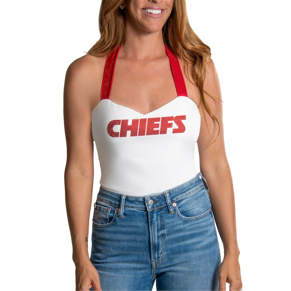 Kansas City Chiefs Cuce Women's Rhinestone Semi-Cropped Halter Tank - White - NFL