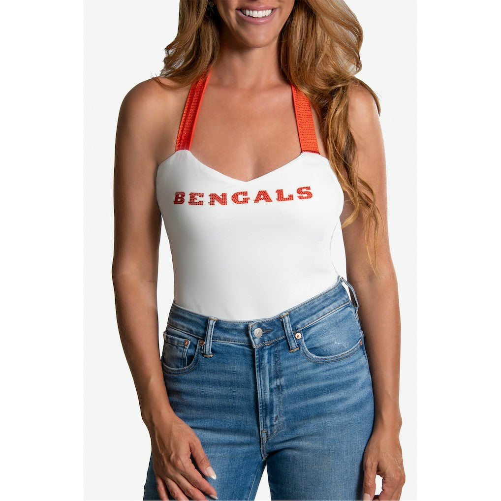 Cincinnati Bengals Cuce Women's Rhinestone Semi-Cropped Halter Tank - White - NFL