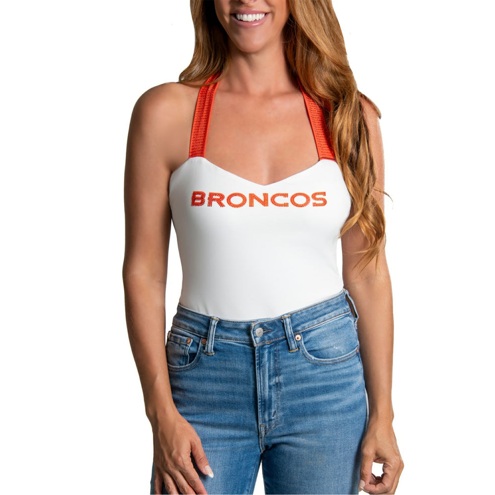 Denver Broncos Cuce Women's Rhinestone Semi-Cropped Halter Tank - White - NFL