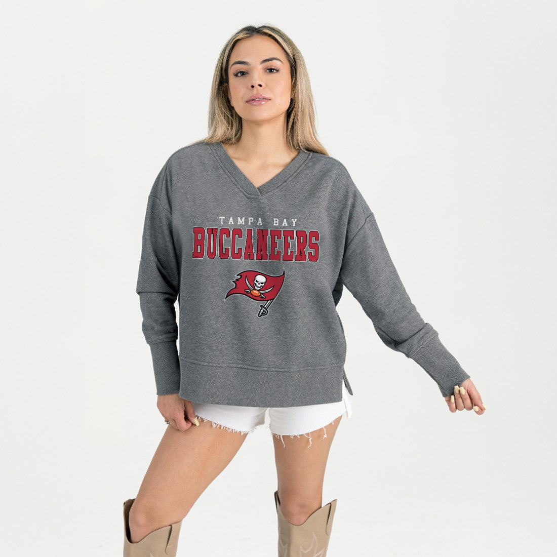Tampa Bay Buccaneers Gameday Couture Women's French Terry V-Neck Pullover Sweatshirt - Gray - NFL