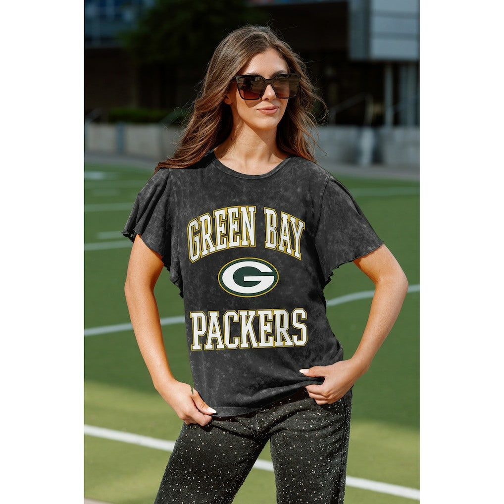 Green Bay Packers Gameday Couture Women's Relaxed Flutter Sleeve T-Shirt - Black - NFL