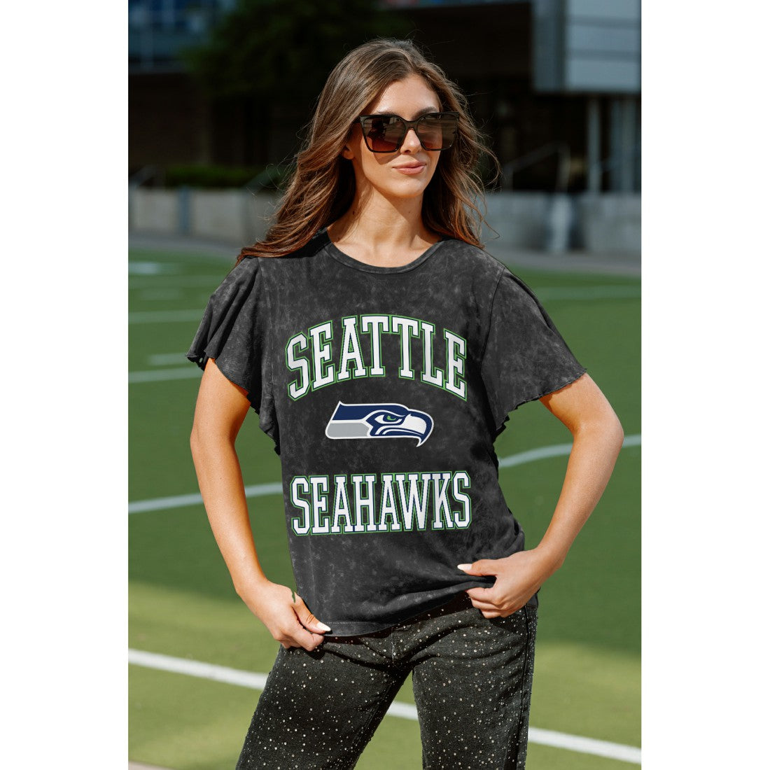 Seattle Seahawks Gameday Couture Women's Relaxed Flutter Sleeve T-Shirt - Black - NFL