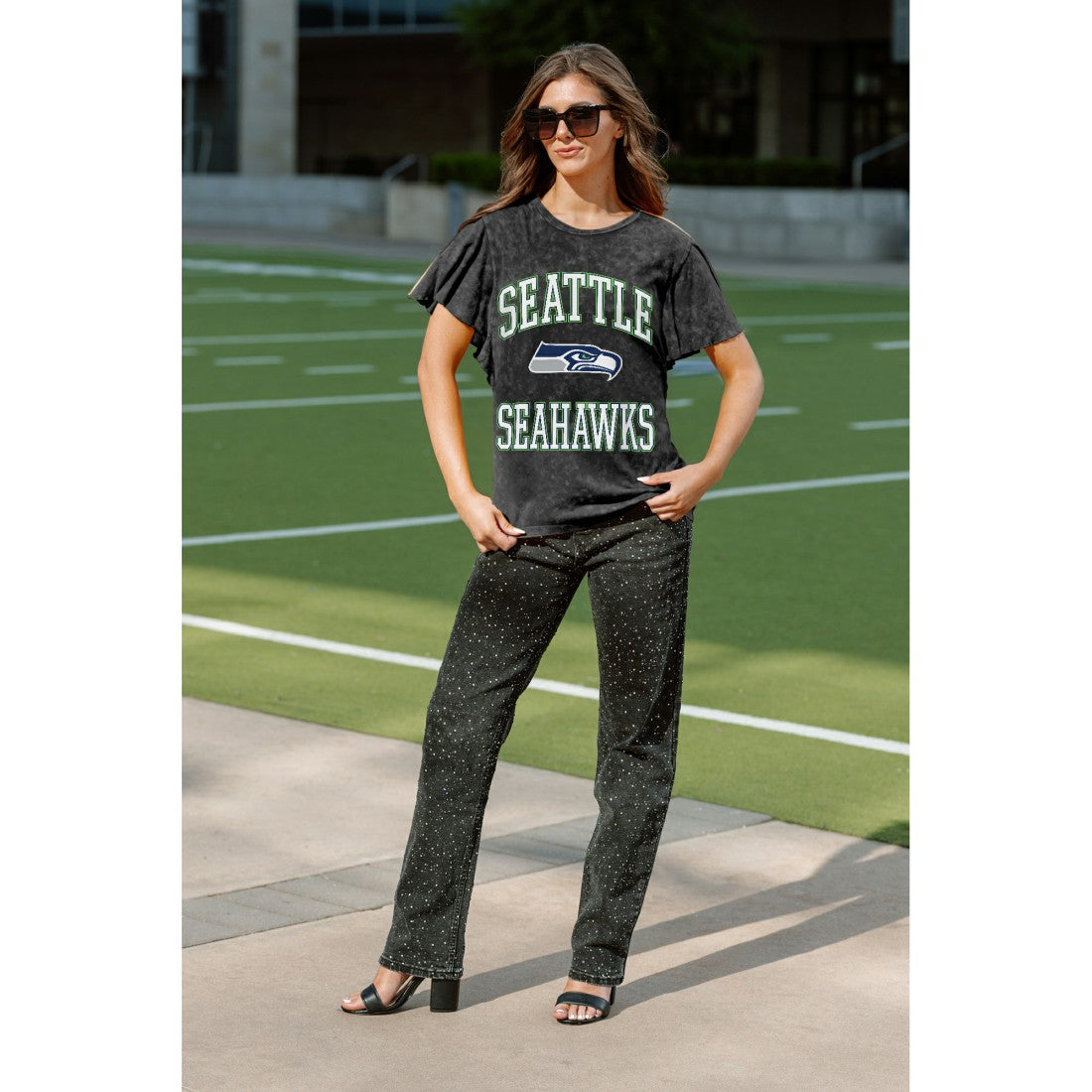 Seattle Seahawks Gameday Couture Women's Relaxed Flutter Sleeve T-Shirt - Black - NFL