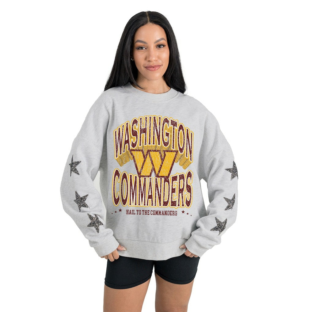 Washington Commanders Gameday Couture Women's Resilience Relaxed Rhinestone Pullover Sweatshirt - Ash - NFL