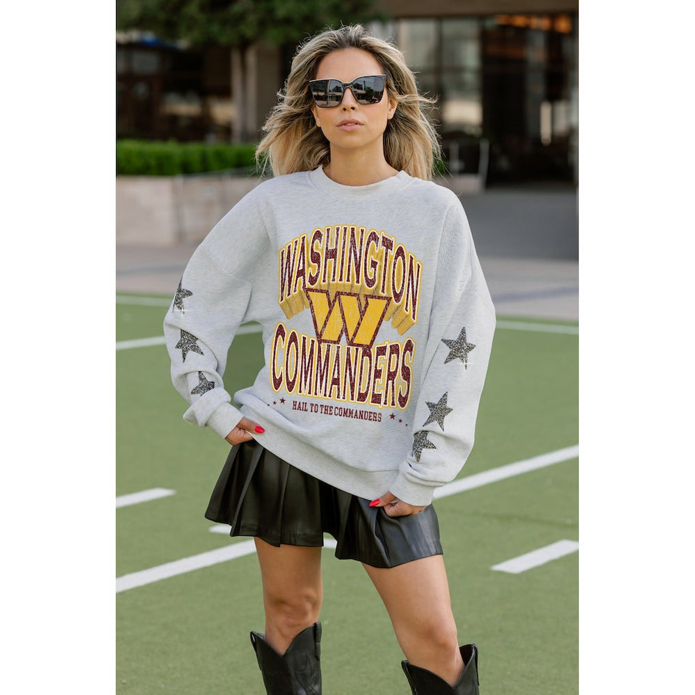 Washington Commanders Gameday Couture Women's Resilience Relaxed Rhinestone Pullover Sweatshirt - Ash - NFL