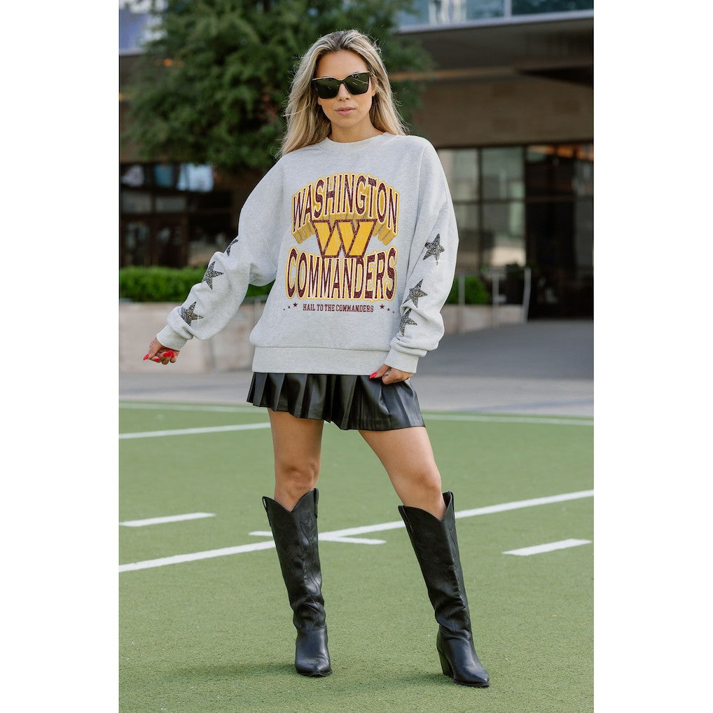 Washington Commanders Gameday Couture Women's Resilience Relaxed Rhinestone Pullover Sweatshirt - Ash - NFL