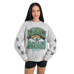 Jacksonville Jaguars Gameday Couture Women's Resilience Relaxed Rhinestone Pullover Sweatshirt - Ash - NFL