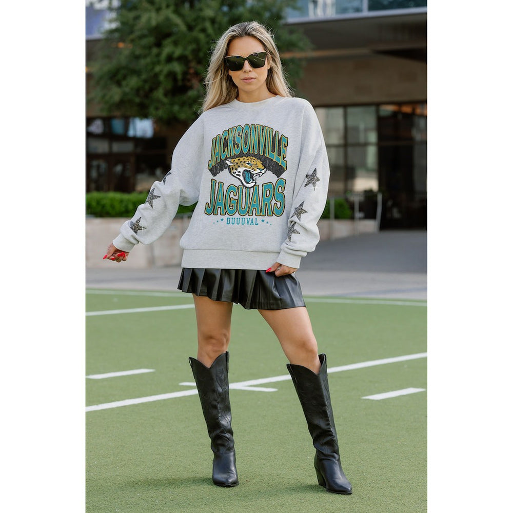 Jacksonville Jaguars Gameday Couture Women's Resilience Relaxed Rhinestone Pullover Sweatshirt - Ash - NFL