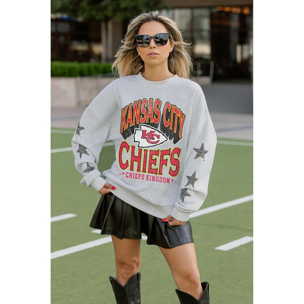 Kansas City Chiefs Gameday Couture Women's Resilience Relaxed Rhinestone Pullover Sweatshirt - Ash - NFL