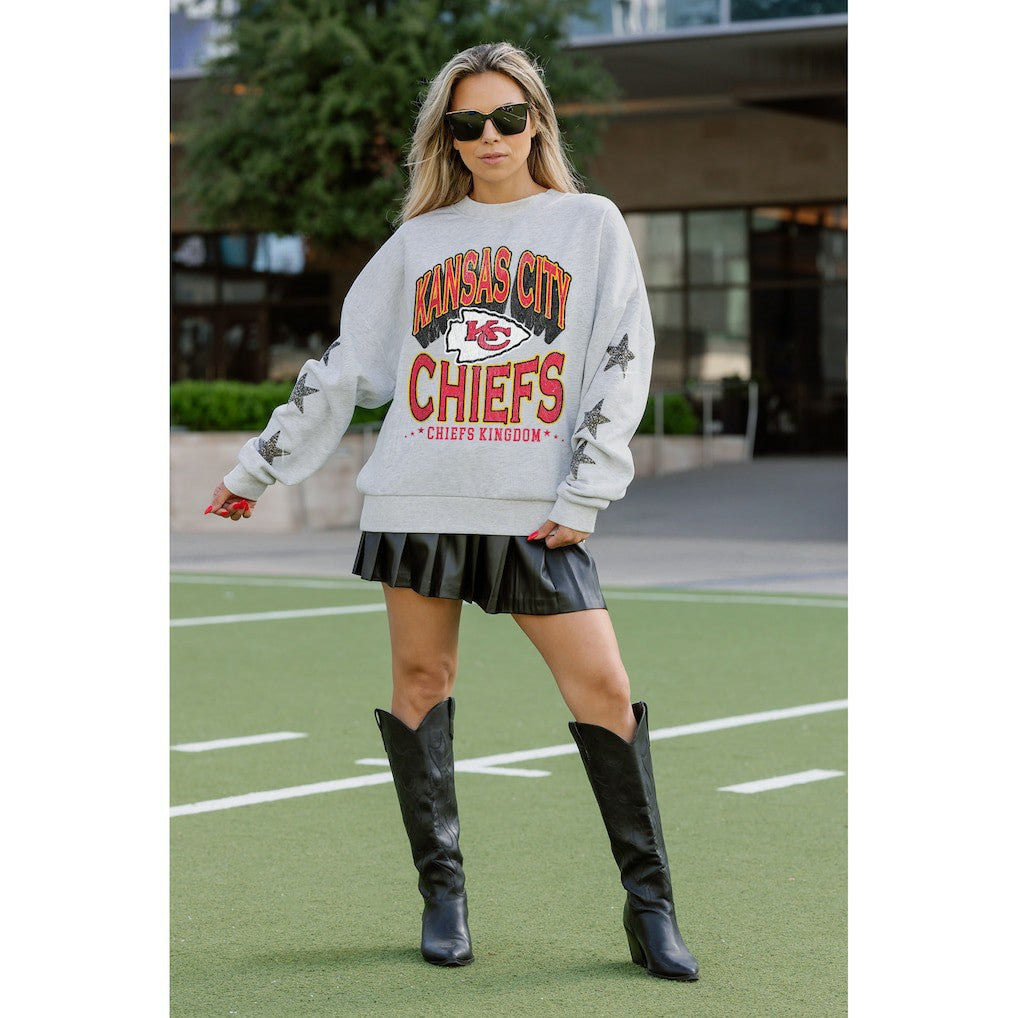 Kansas City Chiefs Gameday Couture Women's Resilience Relaxed Rhinestone Pullover Sweatshirt - Ash - NFL