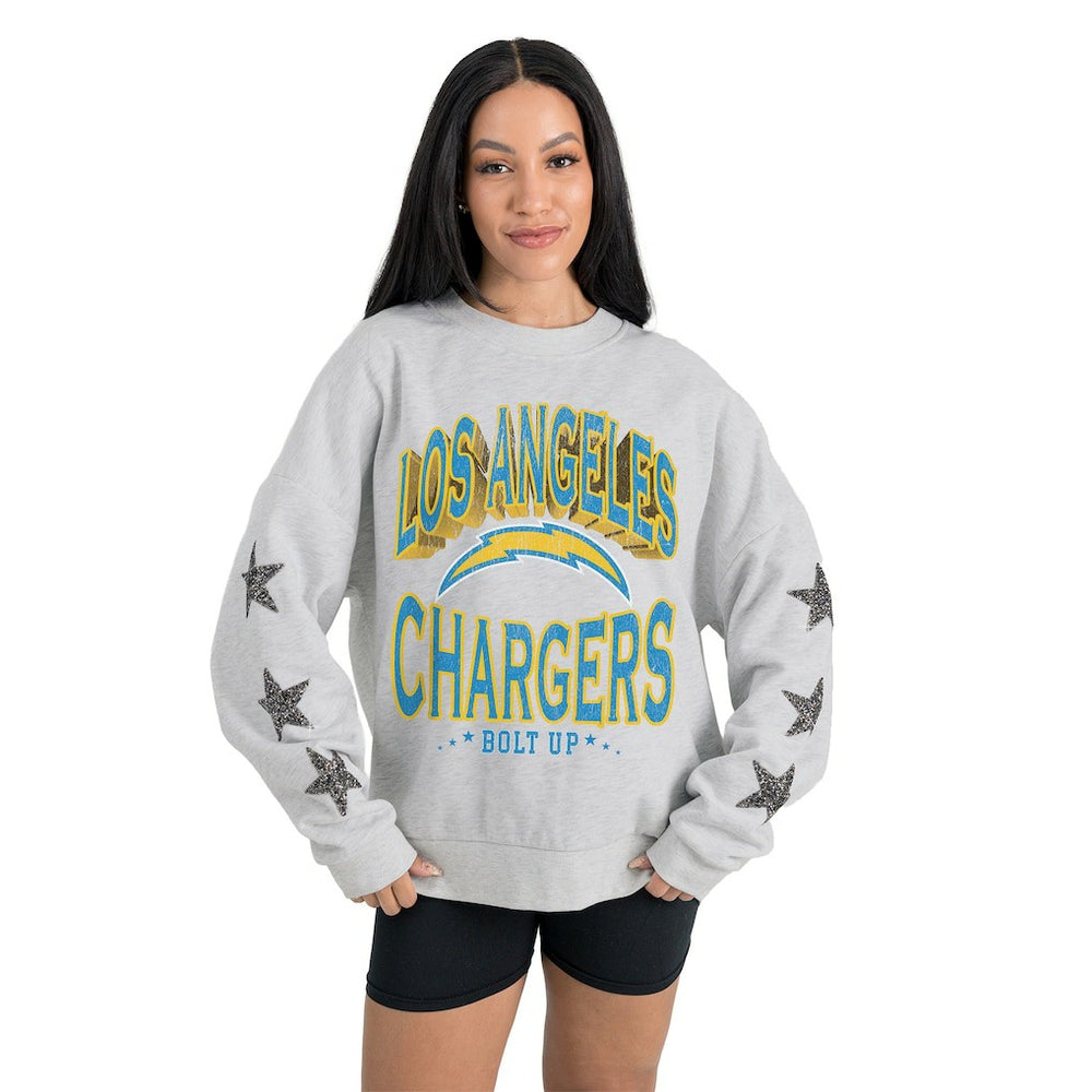 Los Angeles Chargers Gameday Couture Women's Resilience Relaxed Rhinestone Pullover Sweatshirt - Ash - NFL