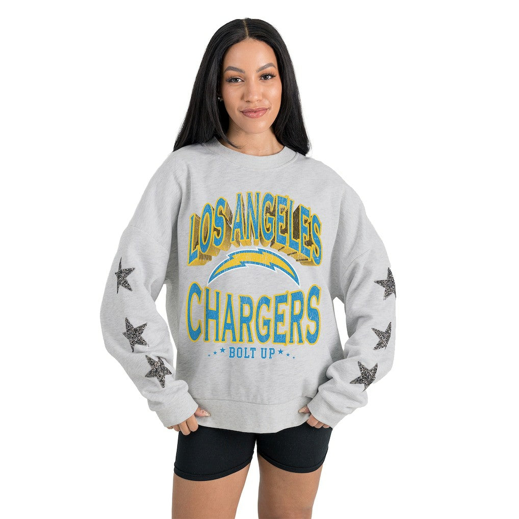 Los Angeles Chargers Gameday Couture Women's Resilience Relaxed Rhinestone Pullover Sweatshirt - Ash - NFL