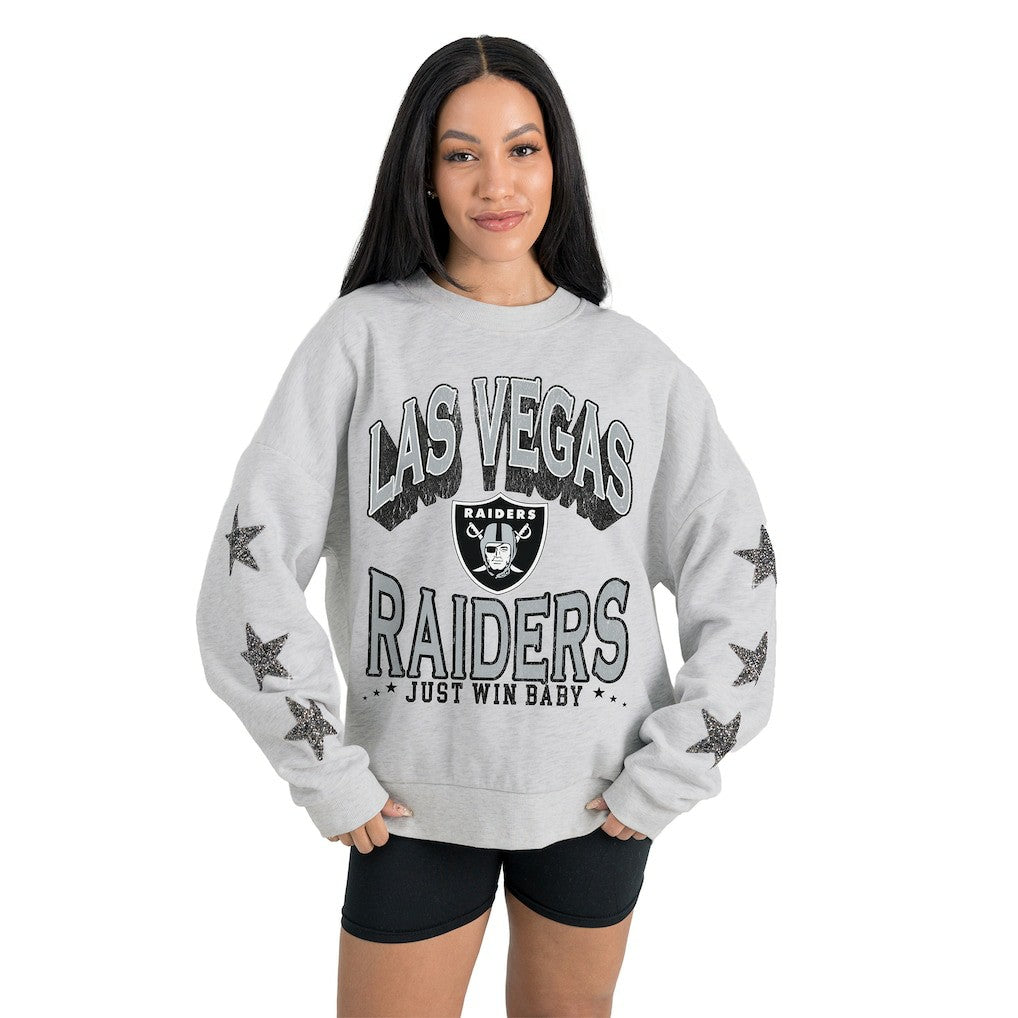 Las Vegas Raiders Gameday Couture Women's Resilience Relaxed Rhinestone Pullover Sweatshirt - Ash - NFL