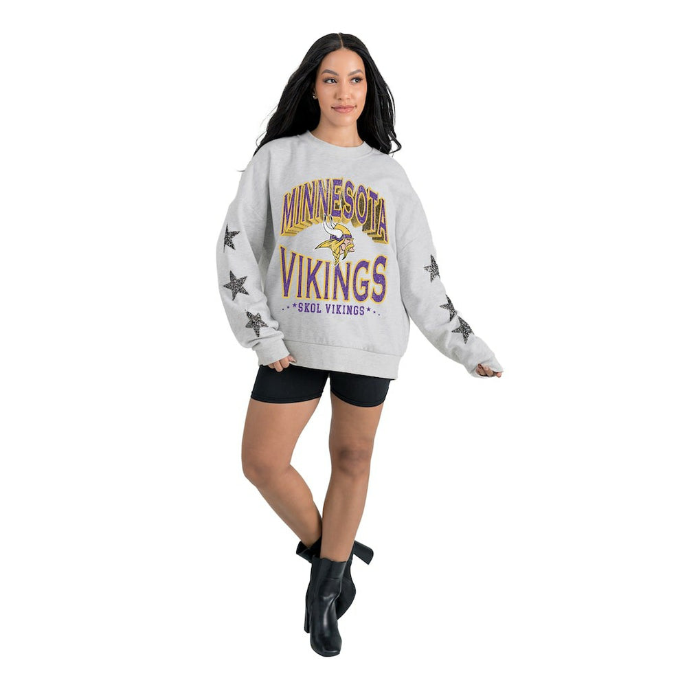 Minnesota Vikings Gameday Couture Women's Resilience Relaxed Rhinestone Pullover Sweatshirt - Ash - NFL