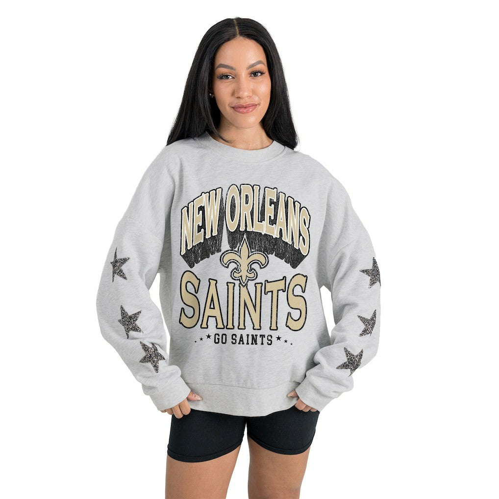 New Orleans Saints Gameday Couture Women's Resilience Relaxed Rhinestone Pullover Sweatshirt - Ash - NFL